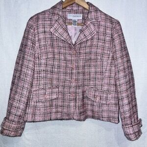 VTG Sag Harbor Pink Tweed Blazer Women's 10 Petite Cropped Barbie Legally Blonde